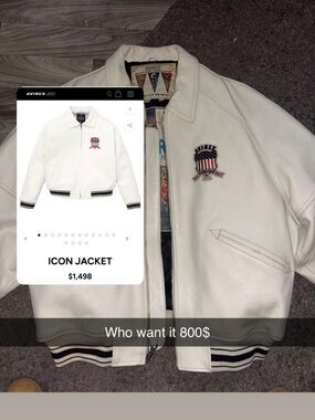 Avirex White Leather Bomber Jacket with Shield Patch